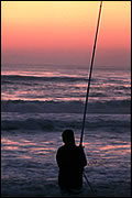 夕焼けで釣りをしている写真